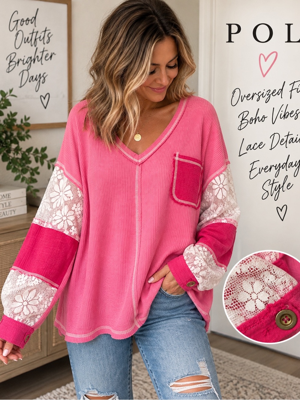 💗 POL Oversized Pink Waffle Knit Lace Patchwork Top – Size Large